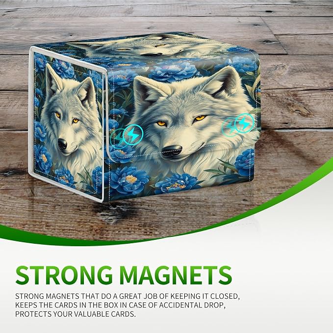 Card Deck Box for MTG, Cards Storage Box Fits 120+ Sleeved, Leather Small Size Strong Magnetic Closing Card Case for Board Games Magic TCG CCG Baseball Collection, Purple Flower Wolf