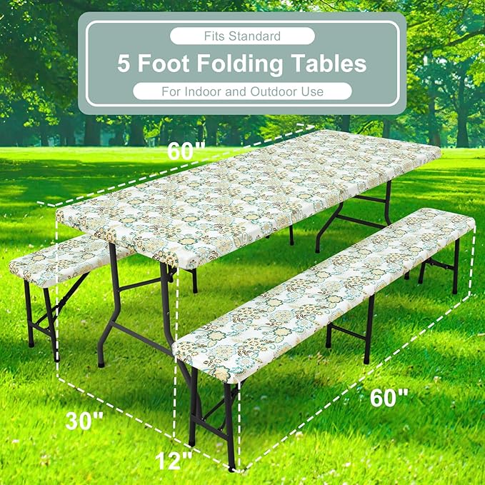 misaya Picnic Table Cover with Bench Cover, Waterproof Elastic Fitted Tablecloth for 5 Foot Tables, Rectangle Washable Polyester Tablecloths for Picnic, Camping, Outdoor (Paisley Flower, 30" x 60")