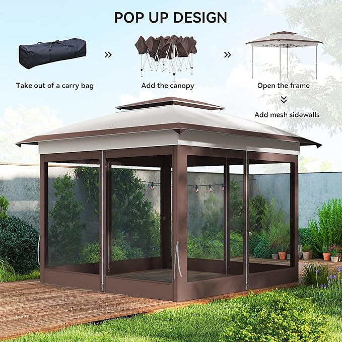 Outsunny 12' x 12' Pop Up Canopy Tent with Netting and Carry Bag, Instant Sun Shelter with 137 sq.ft Shade, Tents for Parties, Height Adjustable, for Outdoor, Garden, Patio, Beige and Brown