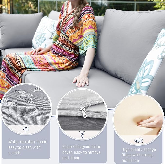 BULEXYARD 9 Pcs Highback Patio Furniture Set with Firepit, High-End Outdoor Sectional Couch with Ottoman 8-Seats, Cozy Comfy Wide Deep Deck Seating Group Conversation, Grey Rattan & Light Gray Cushion