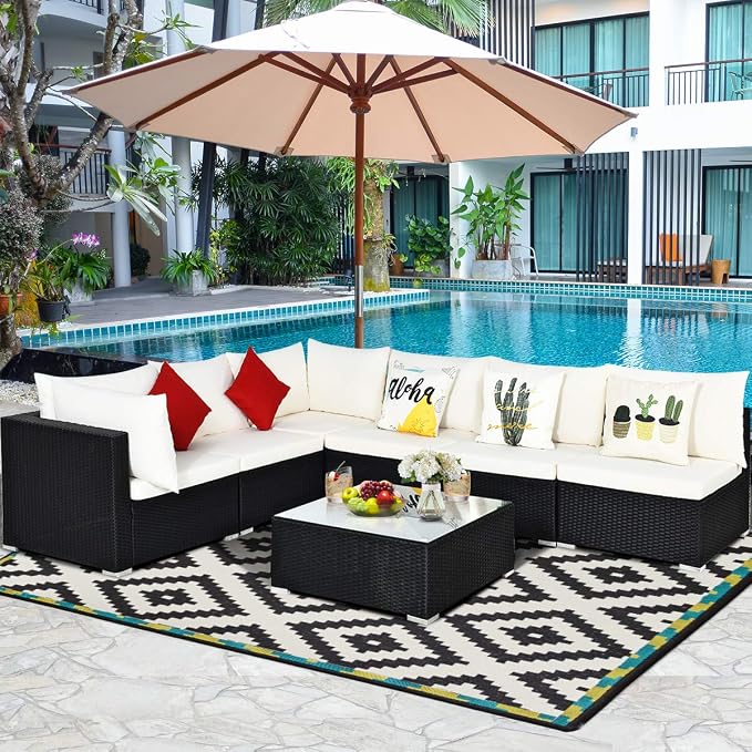 COSTWAY 7 Pieces Patio Furniture Set, Outdoor Rattan Conversation Set with 6 Seats, Coffee Tea Table, Soft Cushions, Wicker Patio Sectional Sofa for Garden Balcony Porch Poolside, Beige