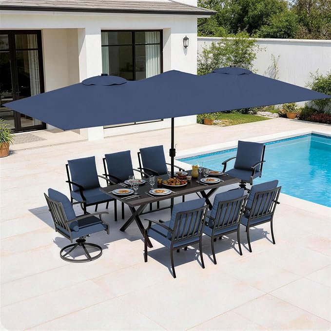 Patio Dining Set for 10 with 13.6ft Double-Sided Patio Umbrella,Outdoor Dining Set of 6 Metal Chairs and 2 Swivel Chairs with Umbrella Hole Table for Backyard,Garden,and Poolside(Navy)