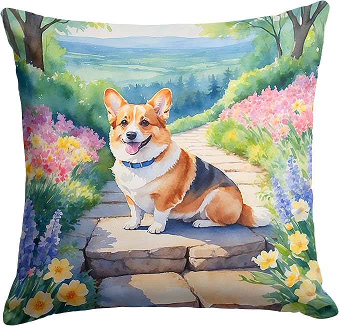 Caroline's Treasures Corgi Spring Path Throw Pillow Machine Washable, Indoor Outdoor Decorative Pillow for Couch, Bed or Patio, 18Hx18W