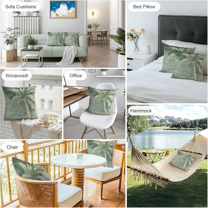 Coastal Beach Tree Sage Green Outdoor Waterproof Pillow Covers, Vintage Summer Palm Tree Decorative Square Throw Pillowcase, Tropical Botanical Sofa Cushion Sham for Patio/Couch/Chair, 16"x16" 2 Pack