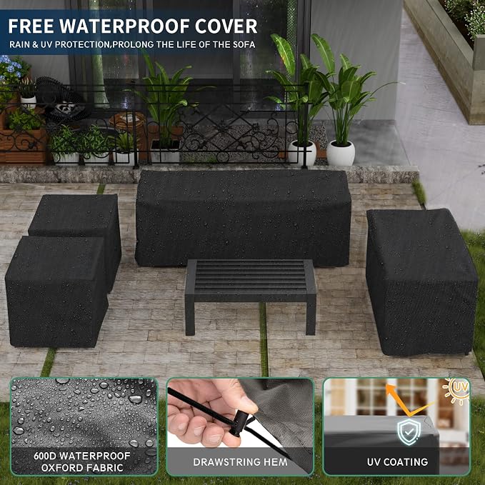 Amopatio Aluminum Patio Furniture Set, 7 Pieces Modern Patio Conversation Sets, Outdoor Sectional Metal Sofa with Coffee Table for Balcony, Garden, Dark Grey (Included Waterproof Covers)