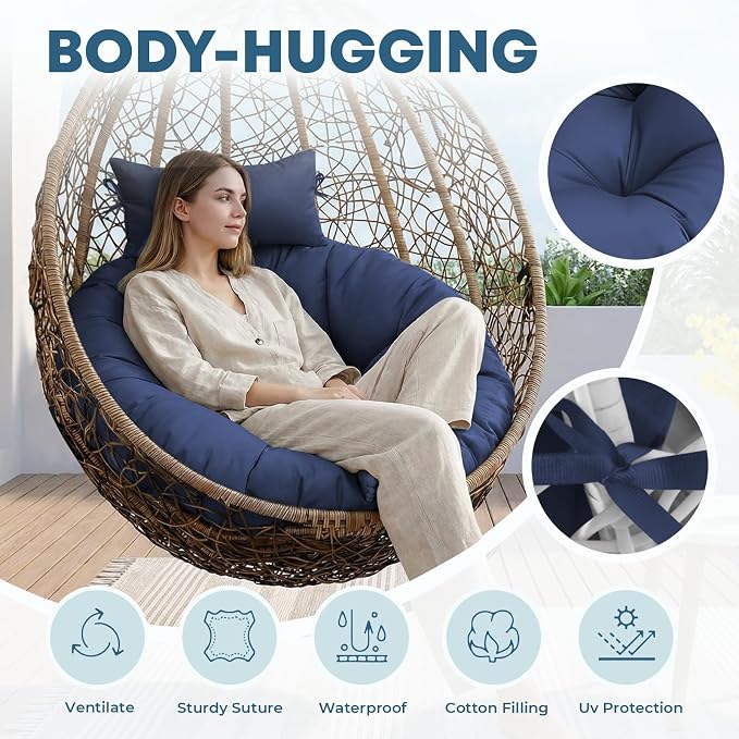 Outdoor 45" Round Egg Chair Cushion Replacement Waterproof Blue | Thicken Pad with Headrest Pillow, Hanging Swing Wicker Egg Chair Cushions, Suitable for Garden Office
