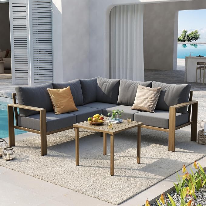 UDPATIO 6 Piece Patio Furniture Set, Metal Outdoor Sectional Sofa with 6" Thick Olefin Cushions, Wide Armrest & Coffee Table, L Shaped Outdoor Furniture for Garden, Backyard, Faux Wood Grain & Grey