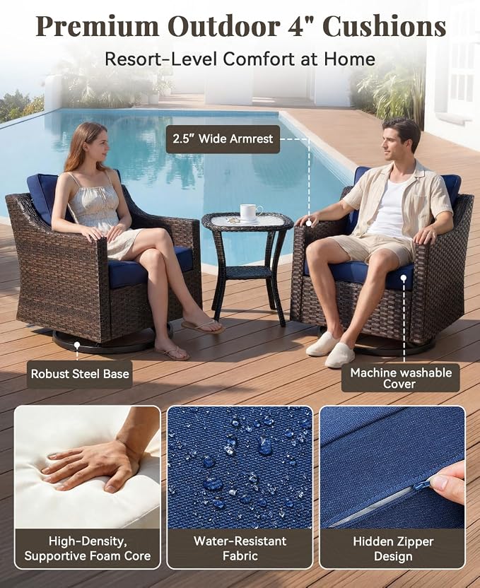 Patio Furniture Set 3 Pieces Luxury Outdoor Bistro with Swivel Rocker Chairs and Side Table, Easy Assembly Conversation Set for Porch Deck Balcony Yard in Brown Wicker and Blue Cushions