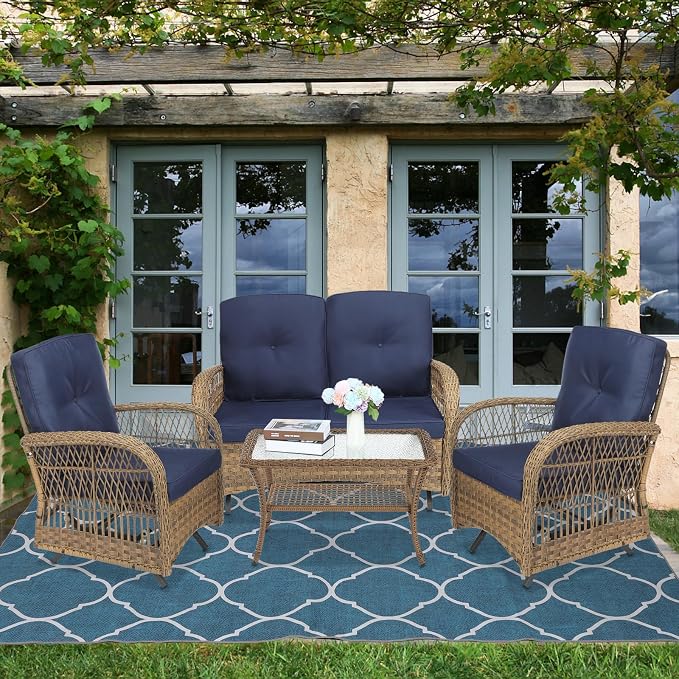 4-Piece Wicker Patio Furniture Sets Outdoor All-Weather Rattan Conversation Set Includes Glider Loveseat, Glass-Top Coffee Table, 2 Glider Rocker Chairs with Thickened Cushions, Navy Blue