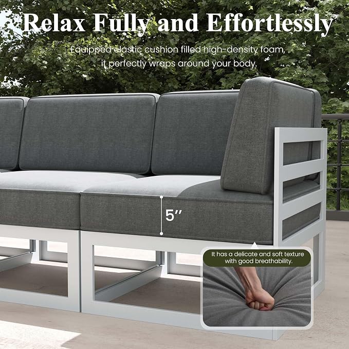 LayinSun 6 Pieces Modern Aluminum Patio Furniture Set with Coffee Table, Outdoor Modular Sectional Conversation Set L-Shaped Sofa for Backyard
