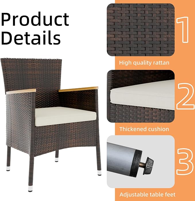 Vongrasig 5 Piece Small Patio Dining Set, Space-Saving Outdoor Wicker Furniture Conversation Set with Wood Table and Cushioned Rattan Chairs for Lawn, Garden, and Backyard (Brown)