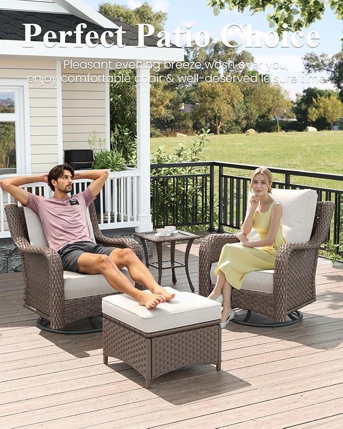 LayinSun 5 Piece Wicker Outdoor Furniture Set with 6-inch Comfy Cushions, High Back Patio Furniture Set with Swivel Rocking Chairs and Side Table