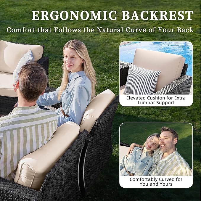 UDPATIO Patio Furniture Set, 5 Pieces Outdoor Conversation Sets with Rocking Swivel Chairs, Wicker Rattan Outdoor Sofa Set with Storage Table and Waterproof Covers for Backyard, Deck, Porch, Khaki