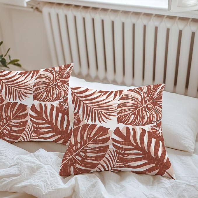 Copper Palm Leaves Outdoor Pillow Covers 18"x18" Set of 2, Tropical Botanical Minimalist Modern Waterproof Throw Pillow Covers for Patio Furniture, Decorative Cushion Covers for Porch