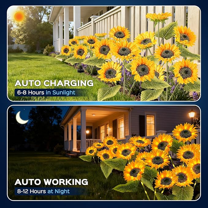 TANSOREN 3 Pack Solar Garden Lights Outdoor, 2 Lighting Modes Warm White LED Waterproof Solar Powered Sun Flowers Landscape Light for Outside Yard, Patio, Pathway Decorative, Décor, Gifts