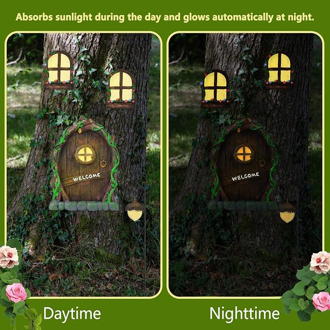 Fairy Door and Windows for Trees Outdoor, Glow in The Dark Fairy Doors Miniature Fairy Garden Accessories, Yard Art Sculpture Decoration Fairy Garden Decor with Lantern for Outside, Patio