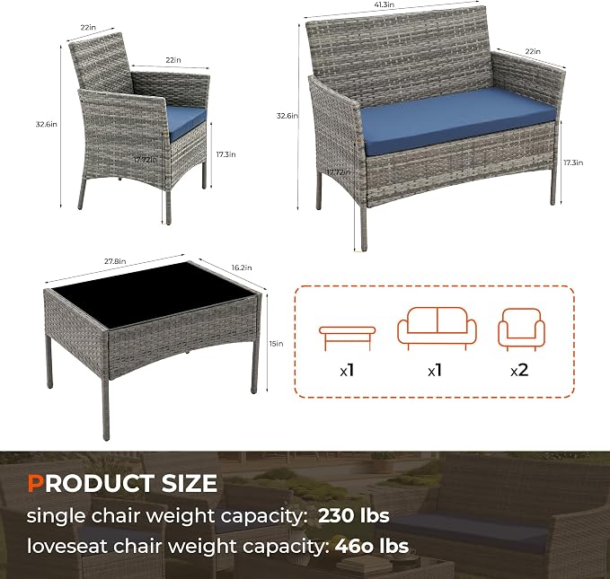 4 Pieces Outdoor Patio Furniture Set, Wicker Patio Conversation Set with Tea Table, All-Weather Outside Rattan Sectional Sofa for Backyard, Poolside, Garden, Balcony, Gray/Navy