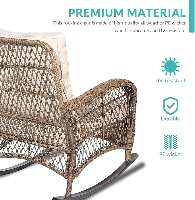 MEETWARM 4 Pieces Outdoor Wicker Patio Conversation Sets with Glider Loveseat, 2 Chairs with Glass-Top Coffee Table Rocking Chair Set, Wicker Conversation Set with Thickened Cushions