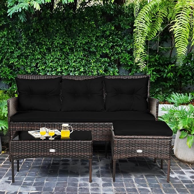 HAPPYGRILL 3-Piece Patio Furniture Set Outdoor Rattan Conversation Set with Coffee Table, Seat & Back Cushions, Sectional Sofa Set for Poolside Balcony Backyard