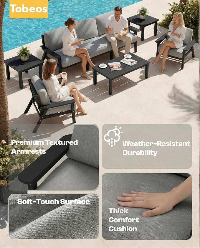 7 Piece HDPE Outdoor Furniture Set with Gray Cushions (Black Frame) | All-Weather HDPE, Modular Design, Extra-Deep Seating, Thick Cushions, Ideal for Backyard, Deck & Porch
