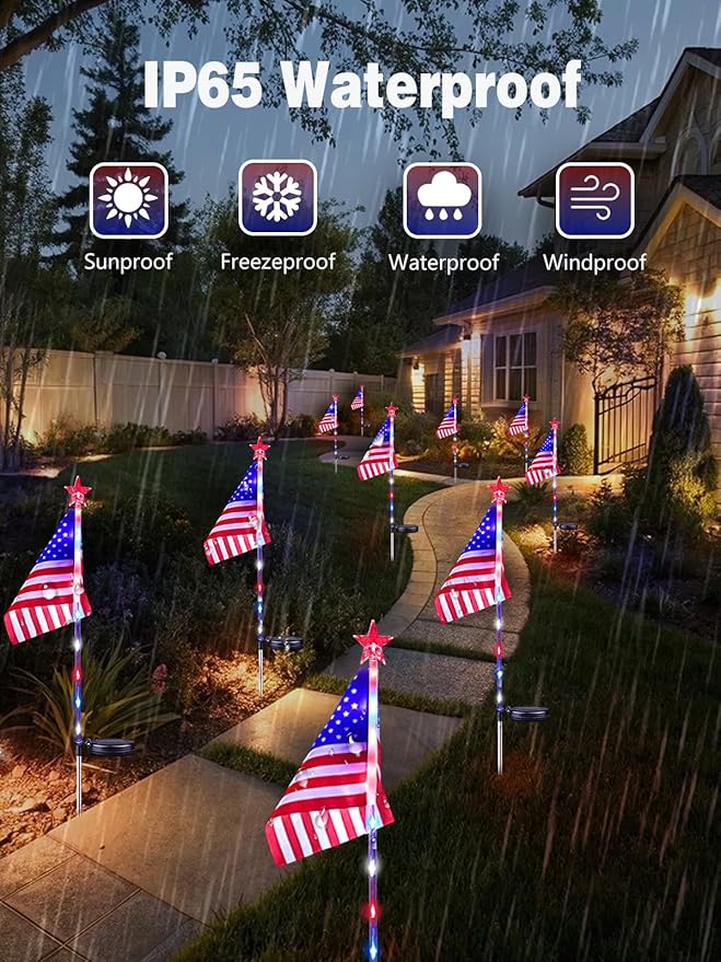 8 Pack Solar American Flag Lights Outdoor, 4th of July Decorations Outdoor, Waterproof Solar Flag Patriotic Lights for Yard, Garden, Pathway, Independence Day, 250th Anniversary (Red White and Blue)