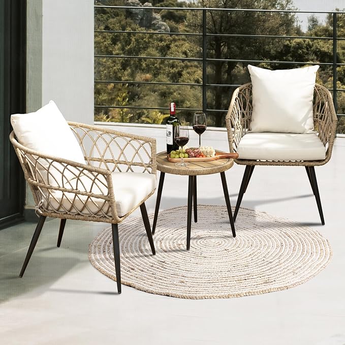 Idzo Heavy Duty 500lbs Weight Capacity Wicker Bistro Table and Chairs Set of 2 with Premium Olefin Fabric Soft Cushions