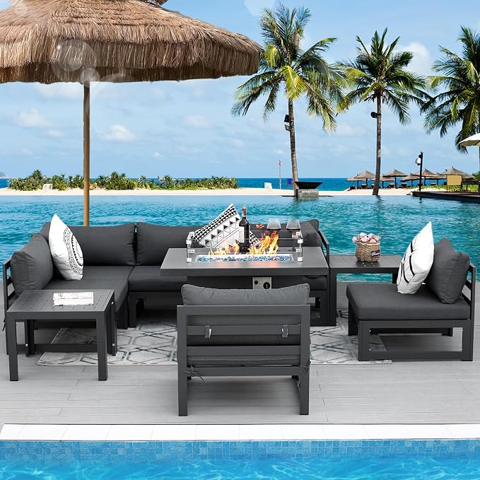 RADIATA 9 Pieces Aluminum Patio Furniture Set with Fire Pit Table, Morden Outdoor Sectional Sofa, Large Conversation Seat with Thick Cushion for Garden Backyard Deck Porch (Grey)