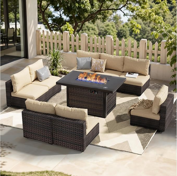 Patio Furniture Set Fire Pit Table 9 Piece All Weather PE Rattan Outdoor Sectional Sofa Couch with 8 x armless Sofa, No-Slip Cushions for Garden, Poolside, Backyard (Beige)