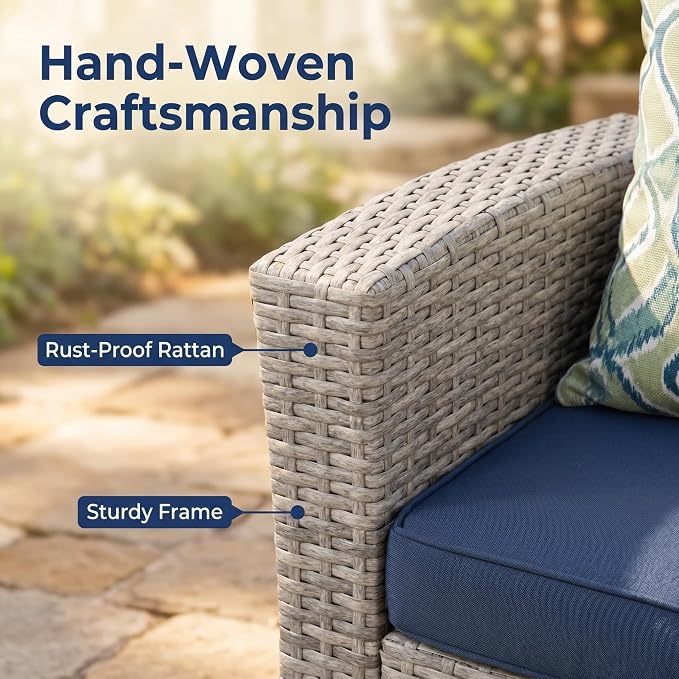 UDPATIO Patio Furniture Set, Outdoor Furniture Sets with Loveseats Sofa, Wicker Rattan Outdoor Conversation Set with Storage CoffeeTable for Backyard, Deck, Porch, Grey/Navy