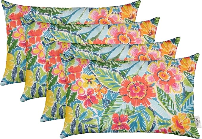 RSH DECOR: Lumbar Throw Pillows Set of 4 | 20” x 12" | All-Weather Spun Fabric | Water and Fade-Resistant | Outdoor Support Pillows for Patio Furniture | Pensacola Multi