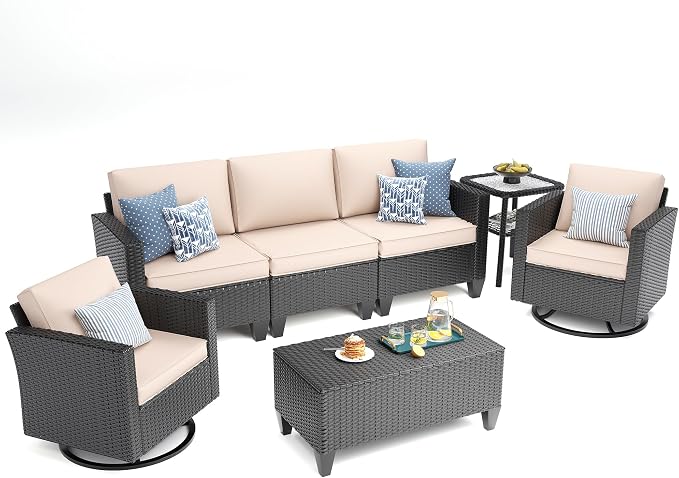 UDPATIO Patio Furniture Set, 5 Pieces Outdoor Conversation Sets with Rocking Swivel Chairs, Wicker Rattan Outdoor Sofa Set with Storage Table and Waterproof Covers for Backyard, Deck, Porch, Khaki