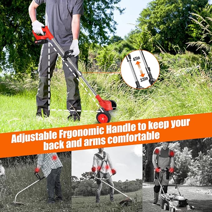 Electric Weed Wacker Cordless with Wheels, 2pcs Batteries&4 Types Blades,Lightweight, Low Noise Weed Trimmer 21V stringless Weed Wacker, Grass Trimmer/Brush Cutter/Edger, for Thick Weeds&Yard Garden