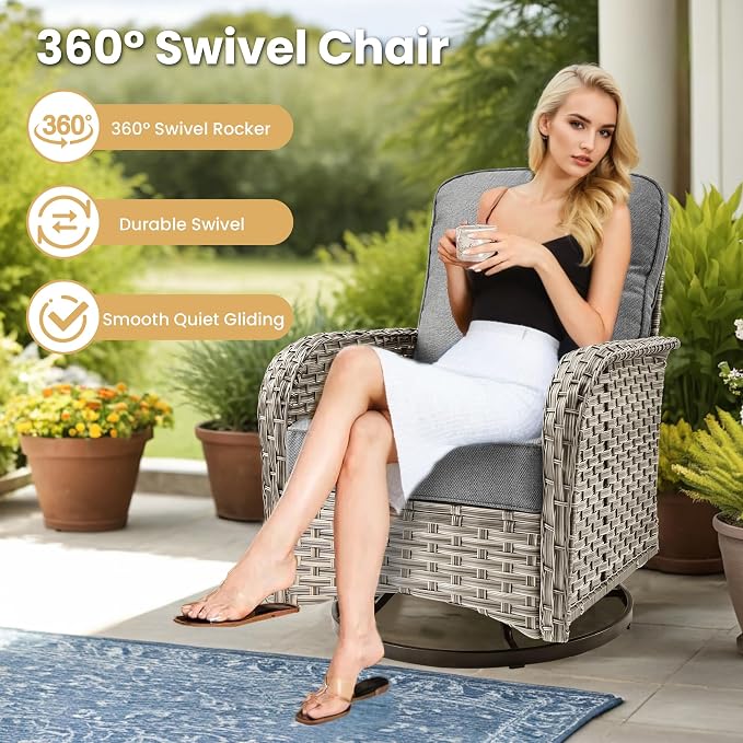 HOOOWOOO Outdoor Sectional Furniture Set with Fire Pit Table,9 Pieces Wicker Patio Conversation Sets,L Shape All Weather Outside Couch Sofa Set with Swivel Rockers Ottoman,Charcoal Grey