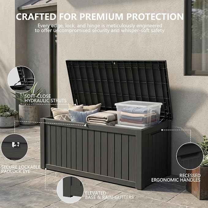 Outdoor Storage Box, 150 Gallon Waterproof Deck Box [Upgraded 3.0], Piston-Assisted Resin Trunk for Sectional Sofa Cushions, High-Capacity Lockable Double Storage Bench, Patio Lounge, Black