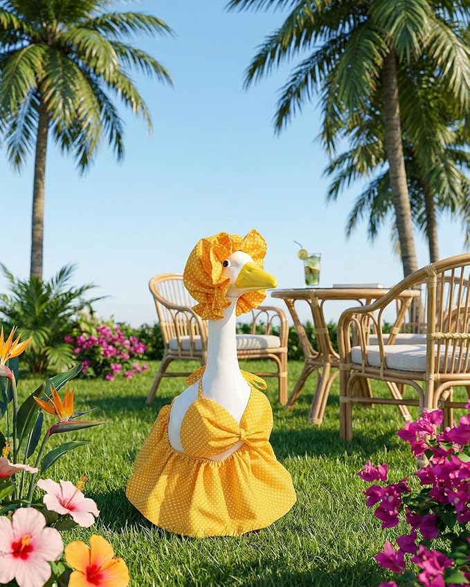 Summer Porch Goose Outfits Bikini with Sun Hat, 23" Yellow Polka Dot Hawaiian Swimsuit Lawn Cement Goose Clothes, Cute Porch Goose Swimsuit for Garden Decor, Best Gift for Mom Grandma