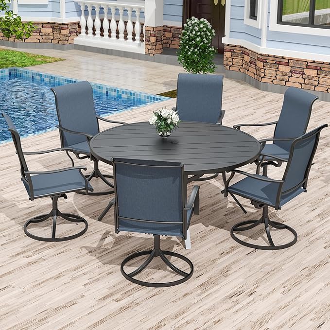 Anmutig 7 Piece Outdoor Patio Dining Set with 6 Swivel Dining Chairs & 54" Round Dining Table, All Weather Dining Furniture Set for Lawn Garden Blue