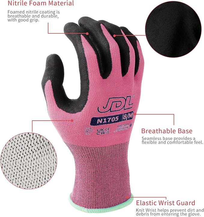 JDL 3 Pairs Microfoam Nitrile-Coated Nylon Work Gloves for Women & Men, Touchscreen Safety Gloves, Lightweight & Breathable with Durable Grip for Construction, Warehouse, Mechanics, Pink, Medium