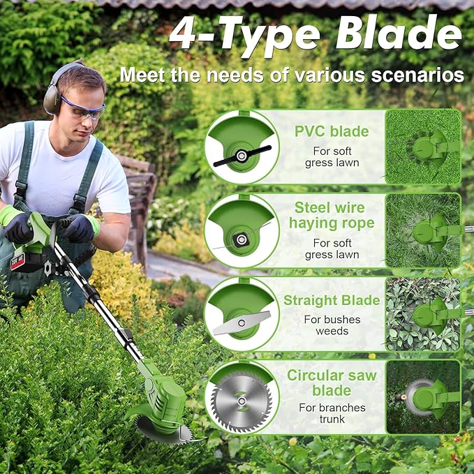 Cordless String Trimmer, 21V Electric Weed Trimmer Battery Powered with 2X 2.0 Ah Batteries, 3 in 1 Stringless Grass Trimmer/Lawn Edger/Brush Cutter, 3 Types Blade, for Yard Lawn