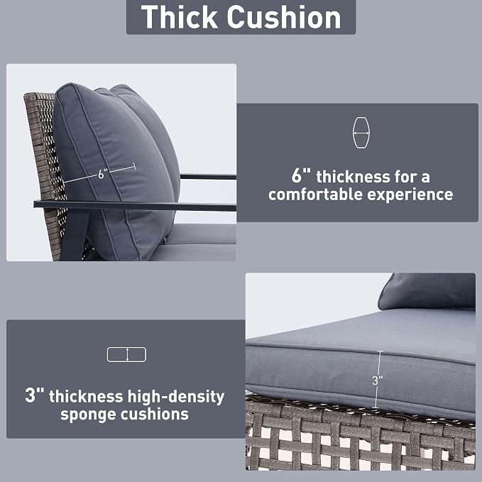 Ainfox Outdoor Wicker Loveseat Rocking Chair, Patio Rattan Rocker Chair with Cushions，All-Weather Modern Cozy Rocking Wicker Furniture for Garden Backyard Porch, Grey