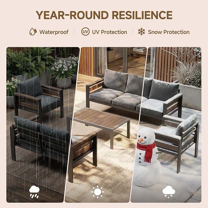 Outdoor Aluminum Patio Furniture Set, 4 Seat 4 Pieces Patio Conversation Sets with 28D Thick Washable Cushions and Coffee Table, Oversized Metal Sectional Sofa Set for Backyard Porch Deck Dalcony