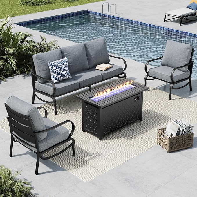 MFSTUDIO 4 Piece Patio Conversation Sets, All Weather Metal Frame Outdoor Furniture Set Patio Sofas with 1 x 45 Rectangular Fire Pit Table, 1 x 3-Seat Sofa, 2 x Sofa Chairs, Grey Cushion