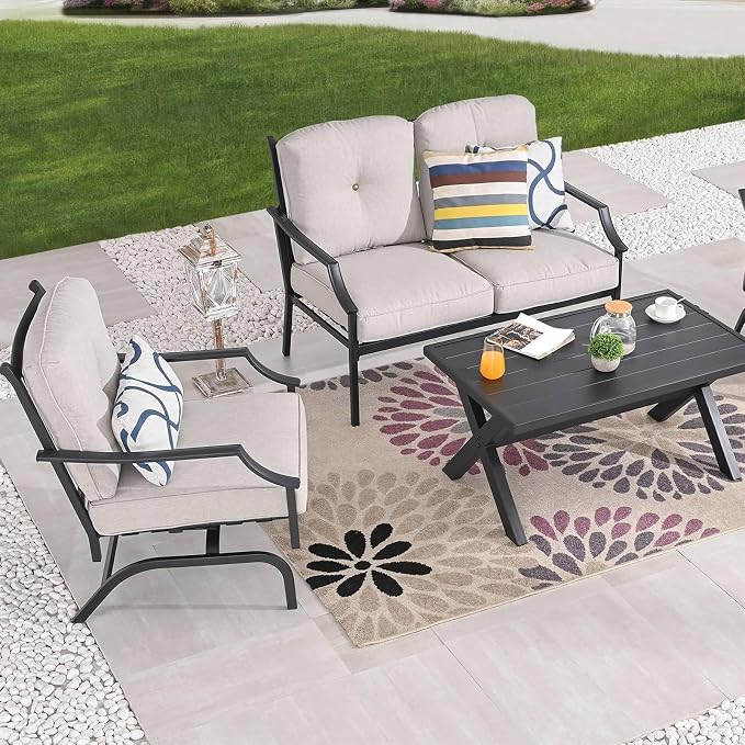 Patio Conversation Set 4 Pieces Metal Outdoor Furniture Sets Outside Loveseat with Rocking Chairs Coffee Table Thick Cushions (Beige)