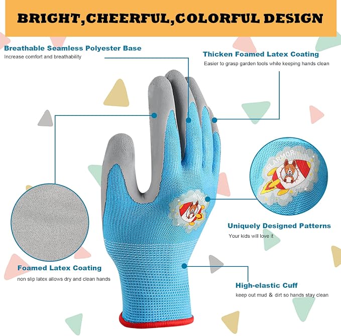 Kids-Gardening-Gloves for Age 3-12, Rubber-Coated Garden Yard Work-Gloves for Children Toddlers Boys & Girls