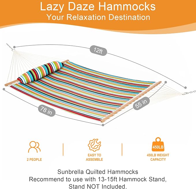 Lazy Daze Hammocks 12 FT Sunbrella Fabric Quilted Hammock Double Sunbrella Quilted Hammock with Spreader Bars & Pillow, All Weather and Fade Resistant for Outdoor, 450 lbs Capacity, Carousel Confetti