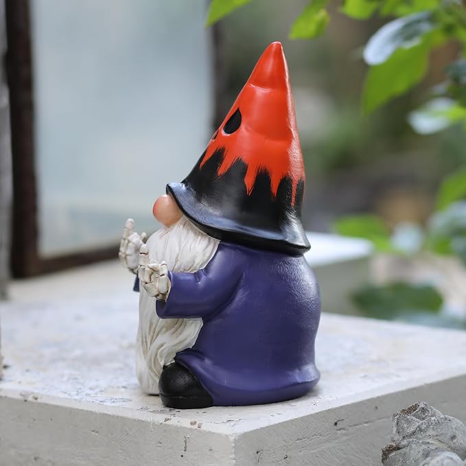 Halloween Middle Finger Gnome Statue with Skeleton Hands - Spooky Ghost Face Hat Resin Figurine 7.8in, Weather Resistant Indoor Outdoor Decor for Patio Yard Halloween Party, Novelty Edgy Gift