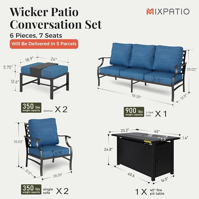 MIXPATIO Patio Furniture Set, 6 Pcs Metal Outdoor Conversation Set, 2 Single Chairs, 2 Ottomans and 3 Seater Sofa with 5.75" Extra Thick Cushion and Gas Fire Pit Table, Gemstone Blue