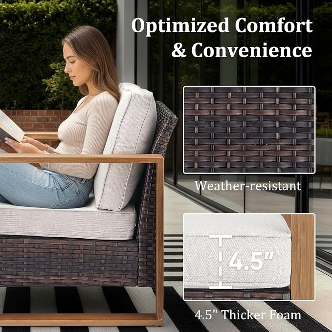 Patio Furniture Set with Fire Pit Table, 6-Piece Outdoor Wicker Sofa and Swivel Chairs, All-Weather Conversation Set for Backyard, Deck and Poolside Beige