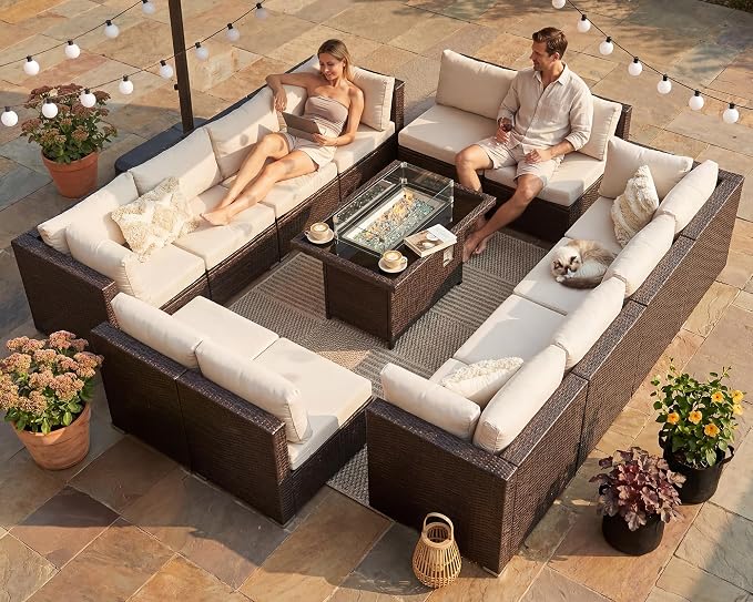 NICESOUL 13 Piece Patio Furniture w/Fireplace, Elegant Outdoor Seating w/Firepit, XL 29.3'' High Back Sectional Sofa, All-Weather Rattan Deck Couch, Modular Sturdy Conversation Set, Brown & Beige
