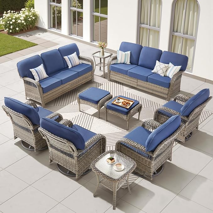 10 PCS Patio Furniture Set Outdoor Sectional Sofa Couch with Rocking Swivel Chairs 5" Deep Seat Chairs, Modern Wicker Rattan Conversation Set, Blue/Gray Wicker