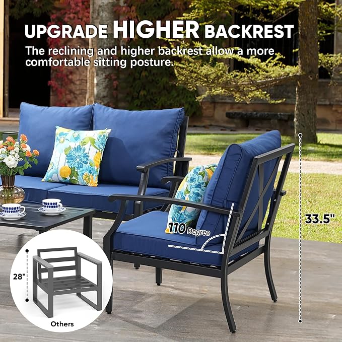 JOYURE 4 Pieces Patio Furniture Set w/loveseat,Coffe Table,Outdoor Conversation Metal Sofa with High Back and Thick Cushion,for Backyard,Garden,Navy